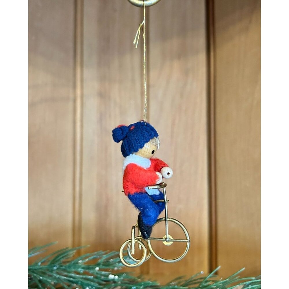 Vintage Miniature Felted Wool Boy Bicycle Christmas Ornament